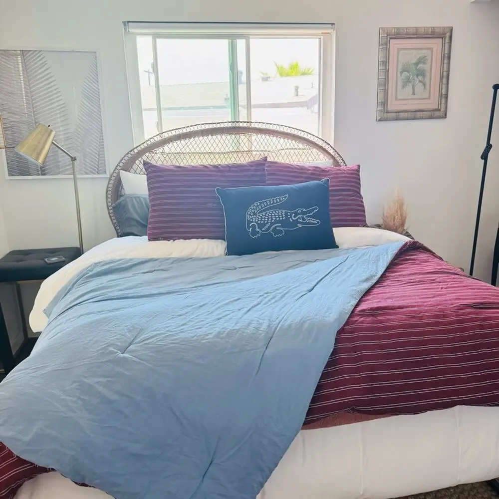 LACOSTE Burgundy Red Light Blue Stripe Comforter Throw Pillow Queen Bedding Set
